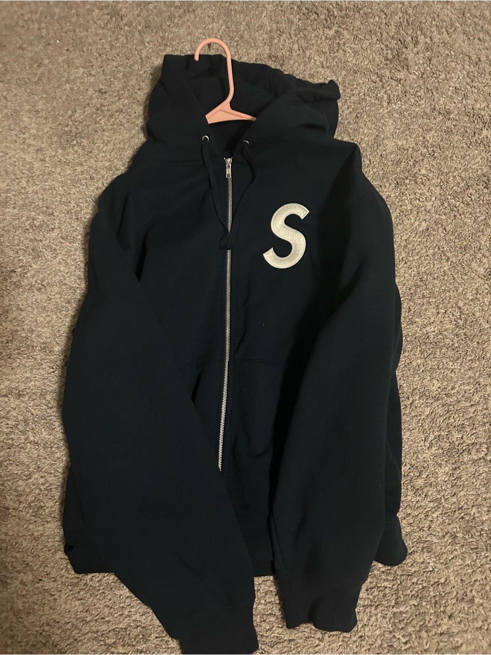 Supreme Navy Zip-Up Hoodie with Silver 'S' Patch